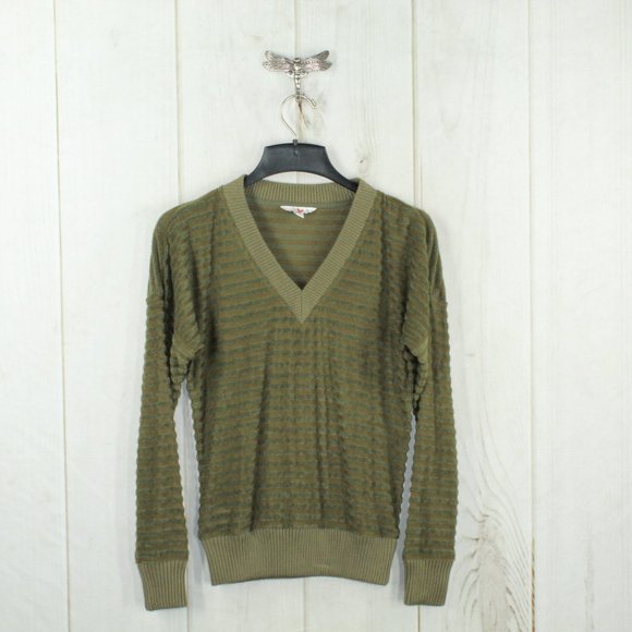 LL Bean Signature Olive Green Striped V-Neck Pullover Sweater Size XS - Picture 2 of 10
